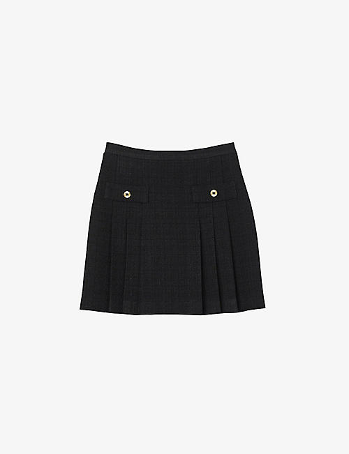 SANDRO: High-rise pleated tweed mini skirt