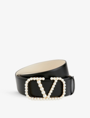 VALENTINO GARAVANI: V-logo pearlescent-buckle leather belt