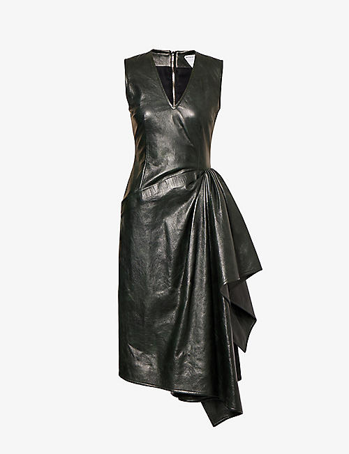 BOTTEGA VENETA: V-neck sleeveless leather midi dress