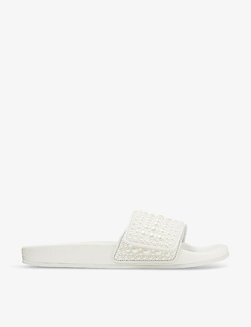 JIMMY CHOO: Fitz pearl-embellished canvas and leather slides