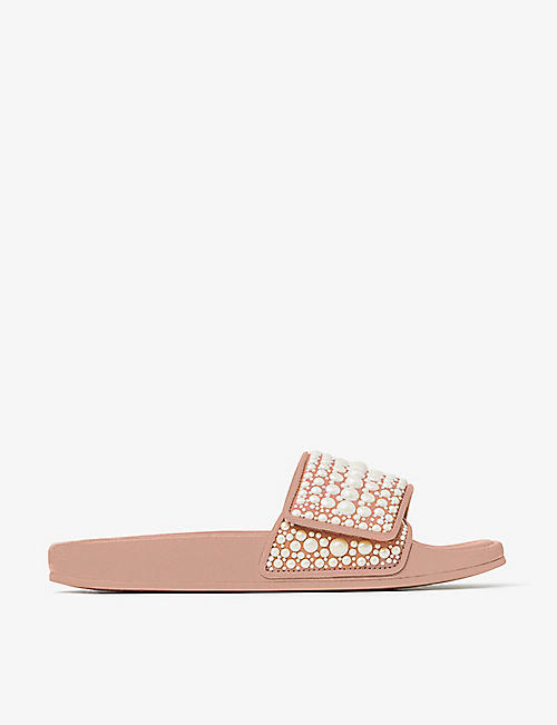 JIMMY CHOO: Fitz faux-pearl embellished canvas and leather sandals