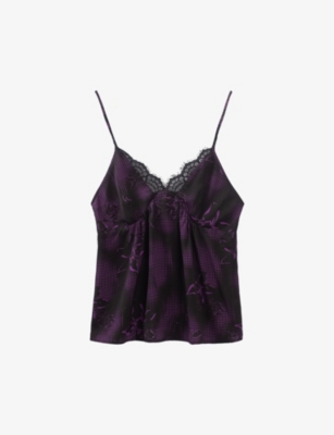 IKKS: Polka-dot print lace-trim woven camisole top