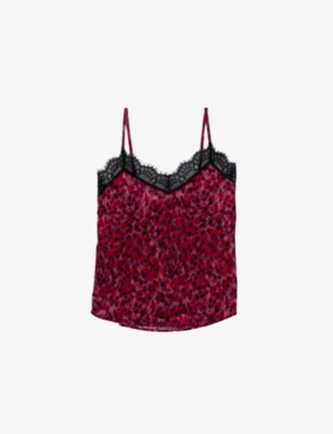 IKKS: Leopard-print lace-trimmed woven cami top
