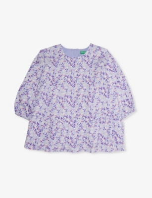 BENETTON: Floral-print long-sleeve woven dress 1-6 years