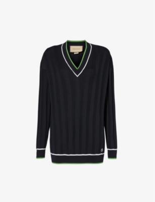 GUCCI: Brand-embroidered V-neck relaxed-fit wool-blend knitted top
