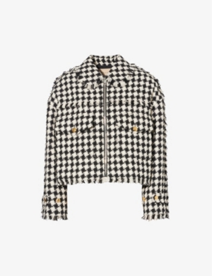 GUCCI: Houndstooth-pattern cropped cotton-blend jacket