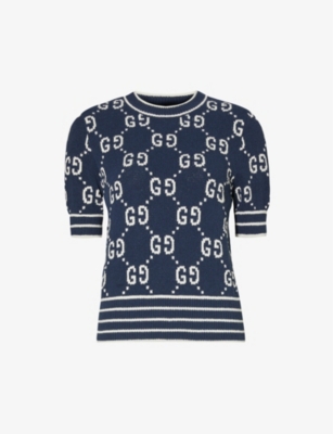 GUCCI: Monogram-pattern ribbed-trim cotton-blend knitted top