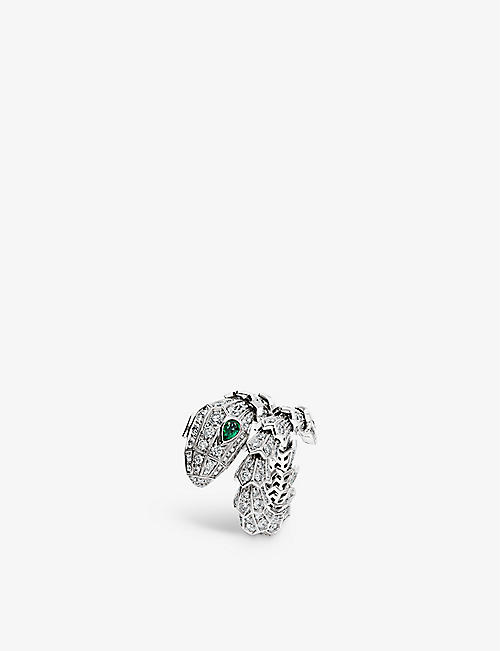 BVLGARI: Serpenti Tubolari 18ct white-gold, 3.75ct brilliant-cut diamond and 0.26ct emerald ring