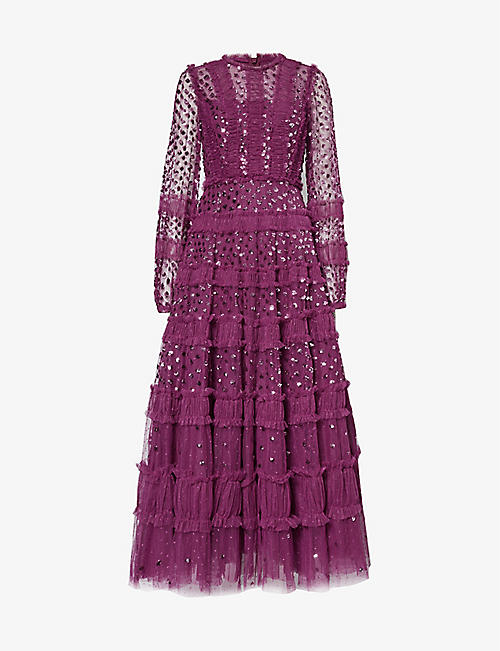 NEEDLE AND THREAD: Shimmer sequin-embellished recycled-polyester maxi dress