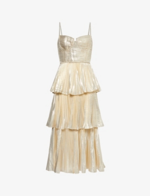 SELF PORTRAIT: Metallic-weave tiered-skirt woven-blend midi dress