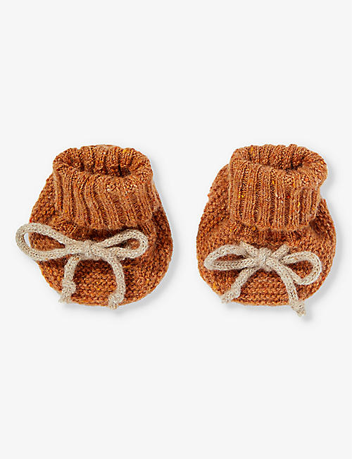 ORGANIC ZOO: Pecan bow-embellishment wool booties 0-12 months