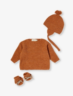 ORGANIC ZOO: Peacan knitted three piece wool gift set 0-12 months