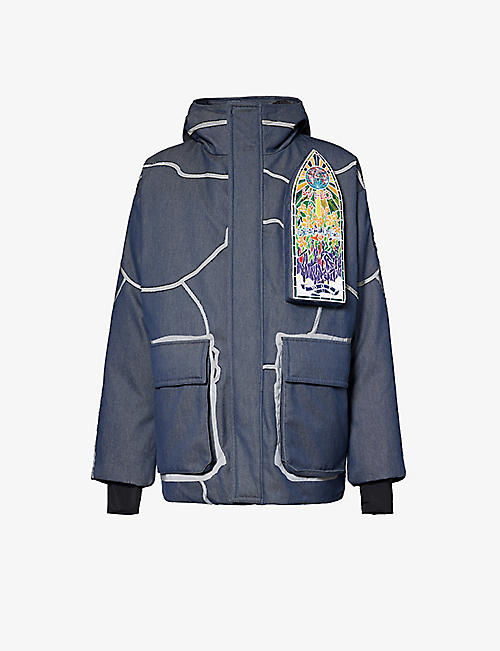WHO DECIDES WAR BY EV BRAVADO: Brand-embroidered padded denim jacket