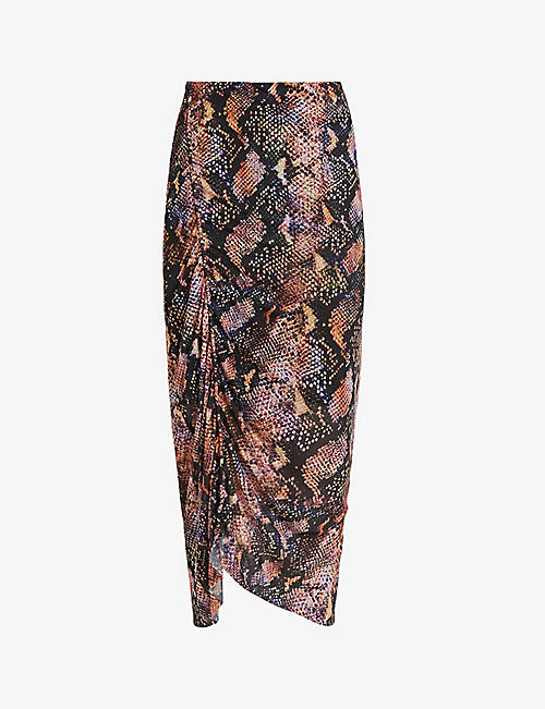 ALLSAINTS: Nora Tahoe snake-print stretch-woven midi skirt
