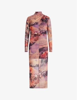 ALLSAINTS: Tia graphic-print slim-fit stretch recycled-polyester midi dress