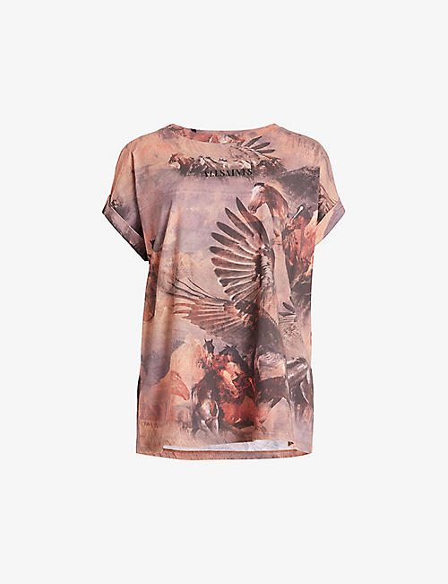 ALLSAINTS: Tia graphic-print high-neck stretch recycled-polyester top