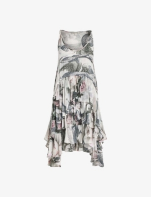 ALLSAINTS: Cavarly Valley graphic-print ruffle-trim woven mini dress