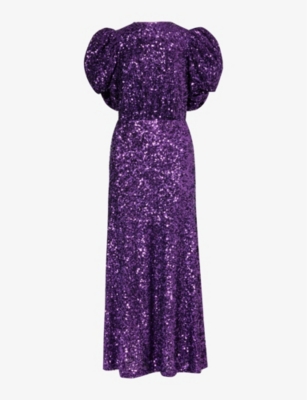 ROTATE BIRGER CHRISTENSEN: Puffed-sleeve open-back sequin embellished recycled-polyester midi dress