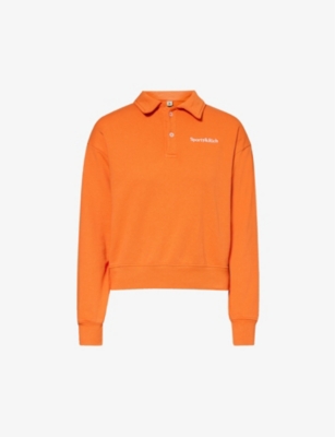 SPORTY & RICH: Brand-embroidered polo-collar cotton-jersey sweatshirt