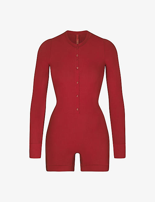 SKIMS: Button-up long-sleeve stretch-woven Henley onesie