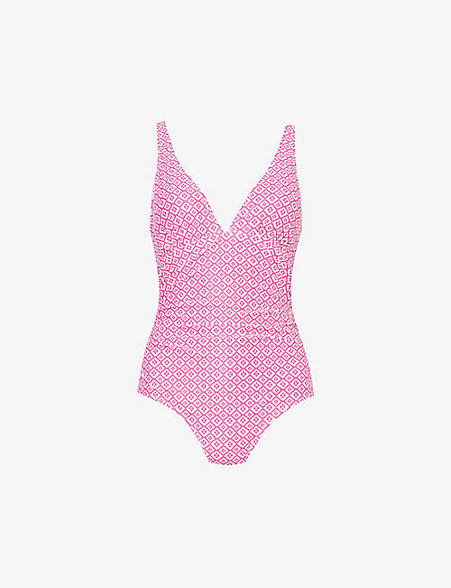 ASPIGA: V-neck graphic-pattern recycled polyester-blend swimsuit