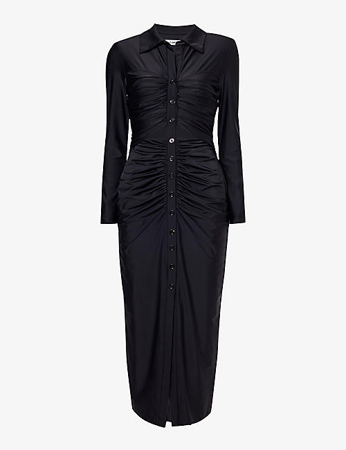SELF-PORTRAIT: Ruched cut-out stretch-woven midi dress
