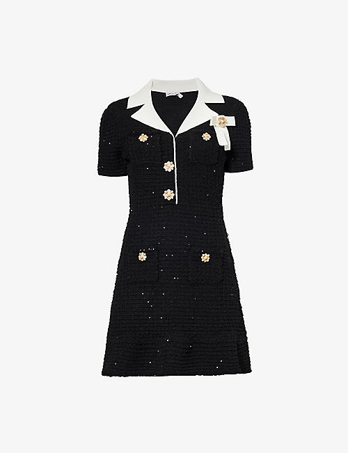 SELF PORTRAIT: Bow-embellished contrast-trim woven mini dress