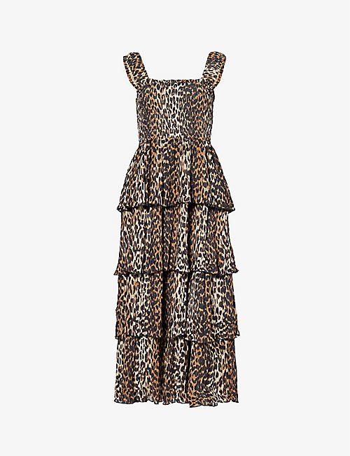 GANNI: Leopard-print tiered-hem recycled-polyester midi dress