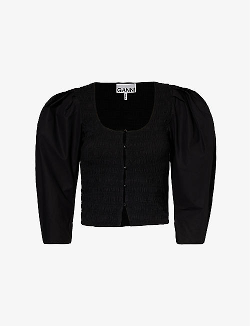 GANNI: Smoked slim-fit organic-cotton blouse