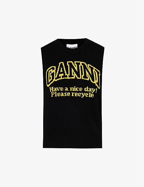 GANNI: Slogan-print sleeveless knitted top