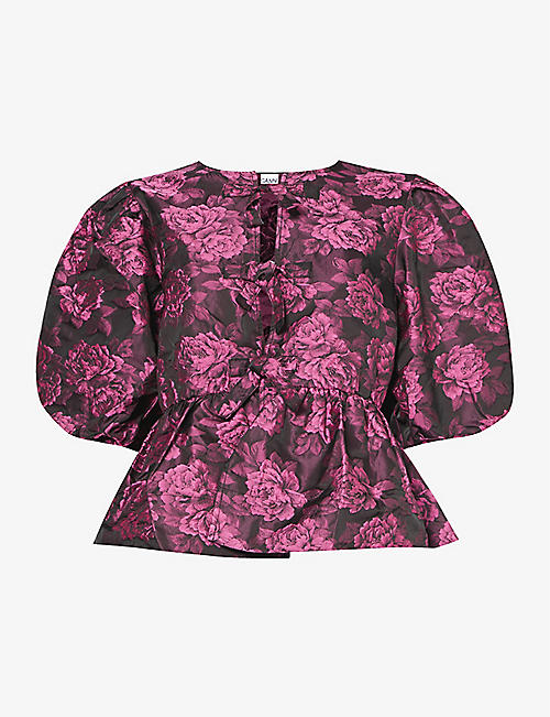 GANNI: Floral-pattern recycled-polyester-blend top