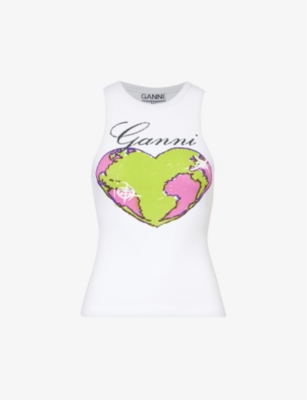 GANNI: Branded-print sleeveless organic cotton-blend top