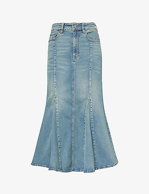 GANNI: Mid-rise faded-wash stretch organic-denim blend midi skirt