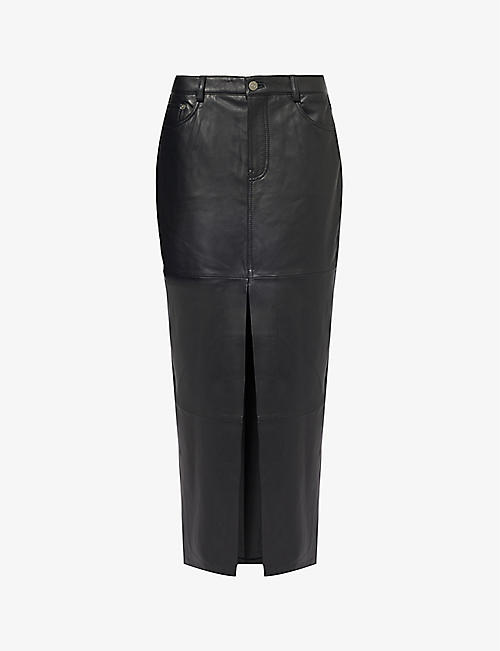 REFORMATION: Veda split-hem leather midi skirt