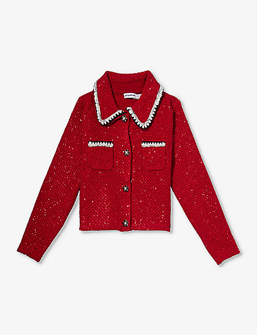 SELF-PORTRAIT: Sequin-embellished collared woven-blend cardigan 4-12 years