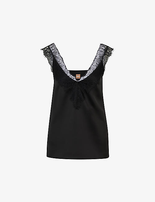 BOSS: V-neck lace-trim recycled-polyester cami top