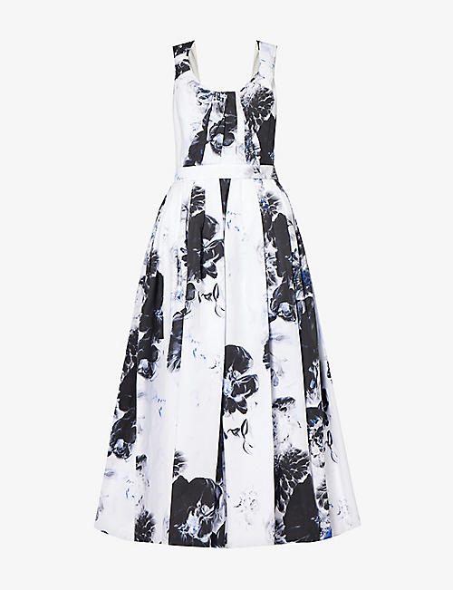 ALEXANDER MCQUEEN: Floral-print sweetheart-neck cotton midi dress