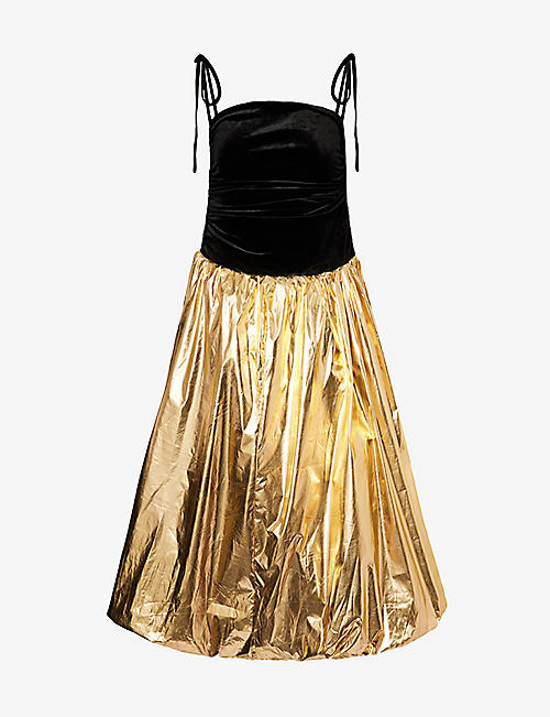 AMY LYNN: Straight-neck metallic velvet midi dress