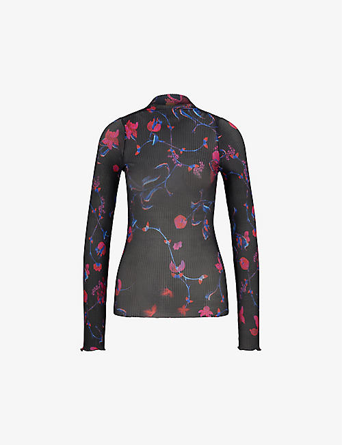 BOSS: Floral-print slim-fit stretch plisse-tulle top