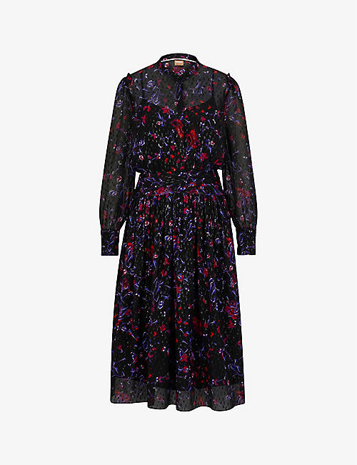 BOSS: Floral-print pleated silk-blend midi dress