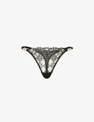 BORDELLE: Mari geometric-embroidered mid-rise lace thong