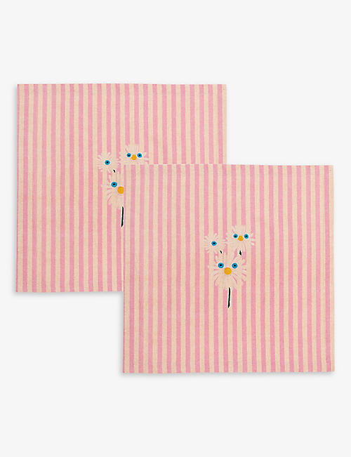 ANNA + NINA: Trippy flower-embroidered stripe organic-cotton napkin set of two