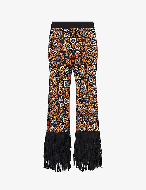 LUKHANYO MDINGI: Patterned fringed wide-leg mid-rise knitted trousers