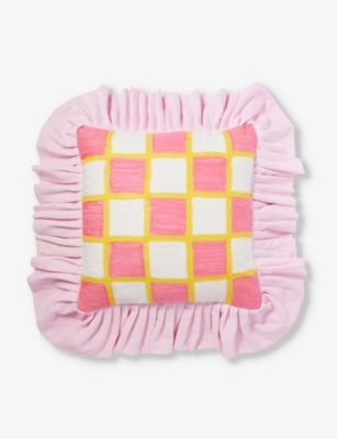 WAVEY CASA: Checked ruffled-trim cotton cushion cover