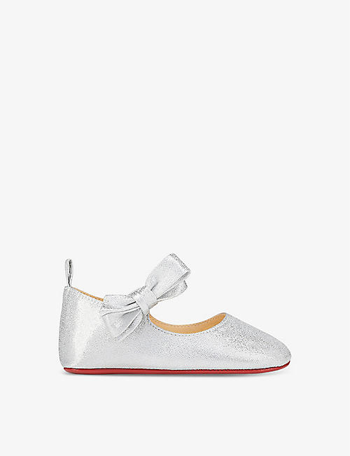 CHRISTIAN LOUBOUTIN: Lou Babe bow-embellished woven pumps 0-12 months