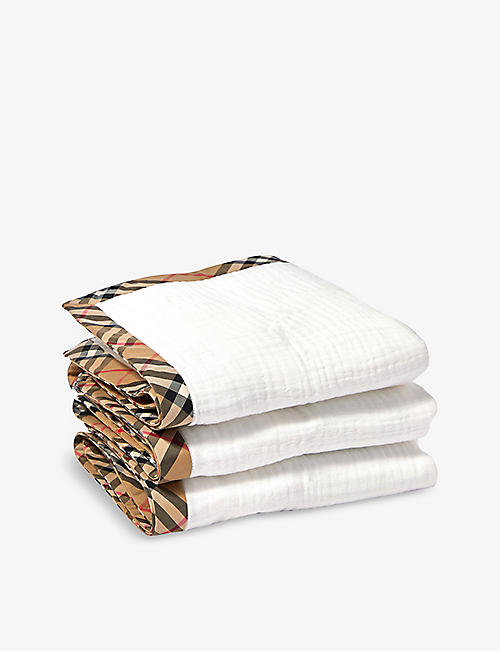 BURBERRY: Checked-trim pack of three cotton baby muslins