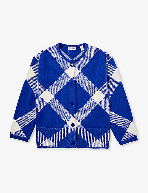 BURBERRY: Bettie check-pattern long-sleeve wool-blend knitted cardigan 6-14 years