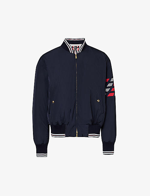 THOM BROWNE: Four-bar brand-patch shell-down bomber jacket