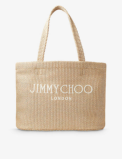 JIMMY CHOO: Beach logo-embroidered raffia tote bag