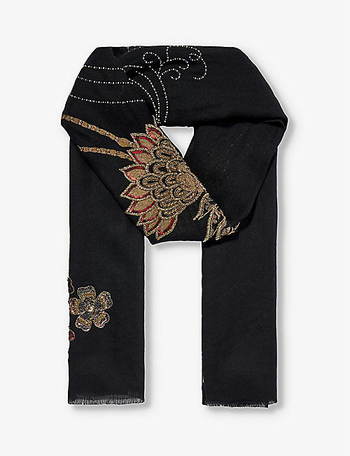 JANAVI INDIA: Cranes bead-embellished cashmere scarf